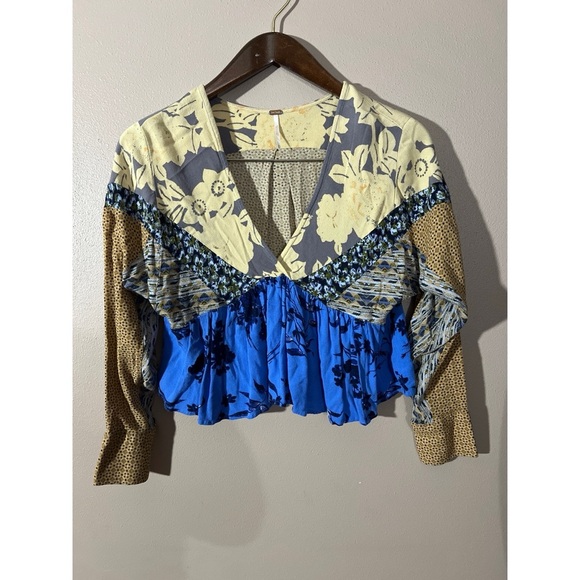 Free People Tan and Blue Ruffled Crop Blouse - Picture 1 of 4